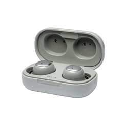 Modern wireless earbuds with charging case isolated on transparent background