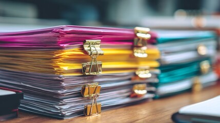 Organized stacks of paper documents with clips arranged on an office desk