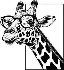 Stylish Giraffe with Glasses, a trendy black and white graphic design.