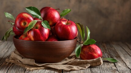 Red apples with leafy stems arranged in a bowl on a wooden table, blank space available for text