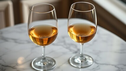 Two elegant wine glasses filled with golden liquid on a sleek marble surface.