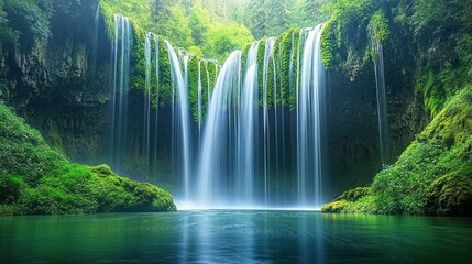 Lush Waterfall in Green Gorge, Tranquil Pool