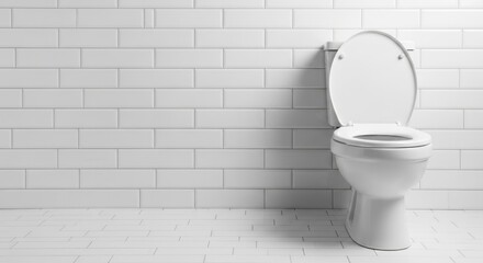 Clean white toilet with the lid open against a tiled wall