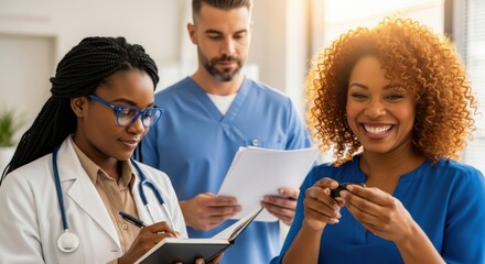 A diverse team of medical professionals collaborating in a clinic