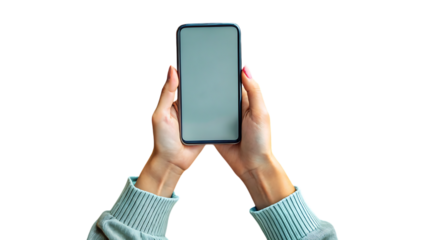 A womans hands are holding a modern smartphone with a blank screen on a transparent background