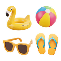 3D cartoon summer icon collection with beach elements isolated on transparent background, PNG file add