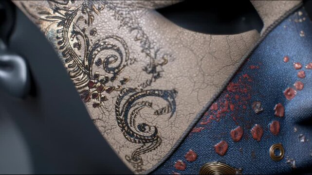 A decorative mask with an asymmetrical design, combining a gray texture with ornaments and a blue part with red and gold accents, decorated with metallic elements, displayed on a mannequin