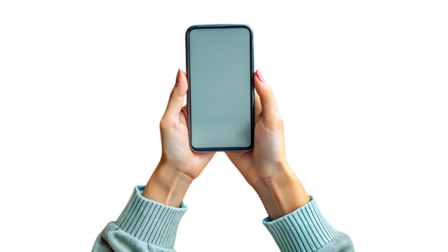 A womans hands are holding a modern smartphone with a blank screen on a transparent background