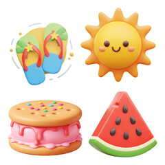 3D cartoon summer icon collection with beach elements isolated on transparent background, PNG file add