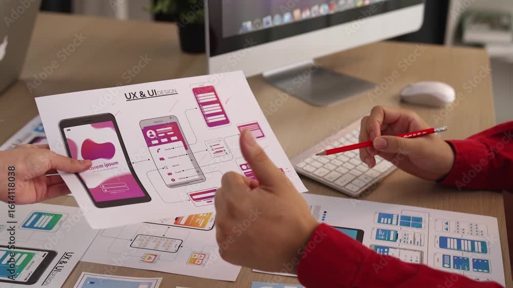 Poster excellent startup company employee presenting user interface prototype for mobile application to sma