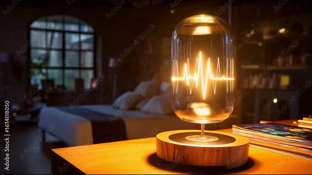Poster stylish decorative lamp with pulsating wave-shaped light pattern inside glass shade mounted on woode