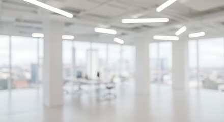 Abstract blurred background of a modern, bright, and spacious empty office interior with large panoramic windows.