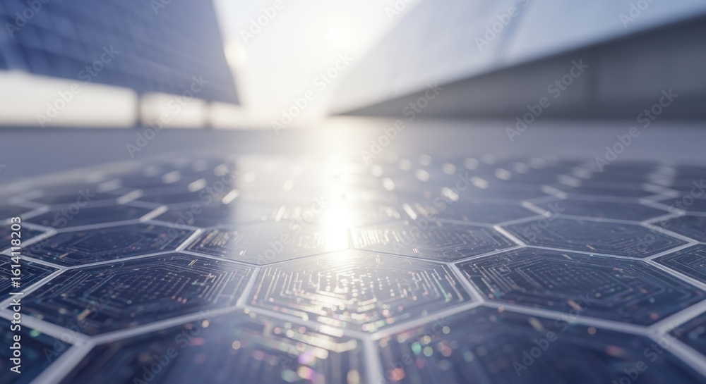 Poster patterned solar cells in sharp focus emphasizing technology in clean power production.