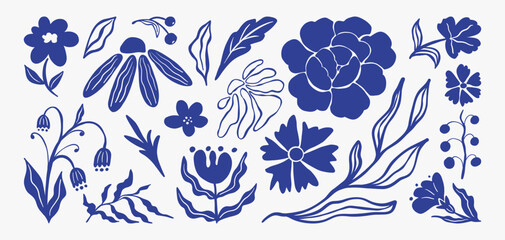Set of abstract floral shapes. Decorative botanic elements, contemporary flower and leaf art, modern blue wavy blossom shapes. Vector collection