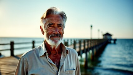 Smiling mature man on pier at seaside