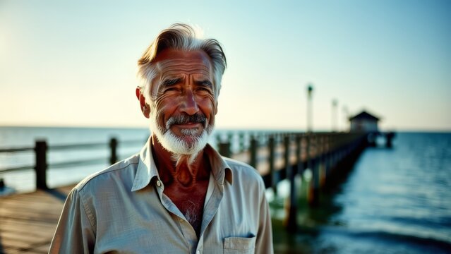 Smiling mature man on pier at seaside