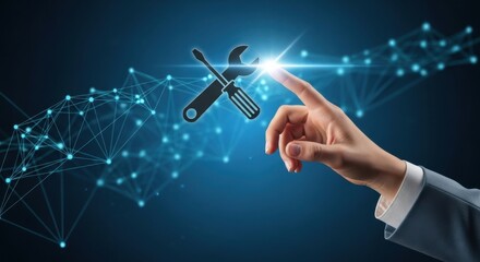 A hand touches a wrench and screwdriver icon on a digital network