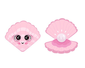 seashell with pearls set. Vector Illustration for printing, backgrounds, covers and packaging. Image can be used for greeting cards, posters, stickers and textile. Isolated on white background.