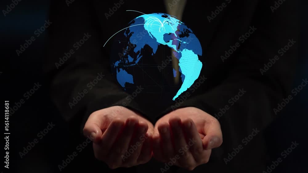 Poster global network connection visualization showing data exchange, digital link, worldwide communication
