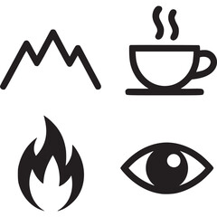 A set of four simple black icons depicting a mountain, coffee cup, flame, and an eye on a gray background on transparent background