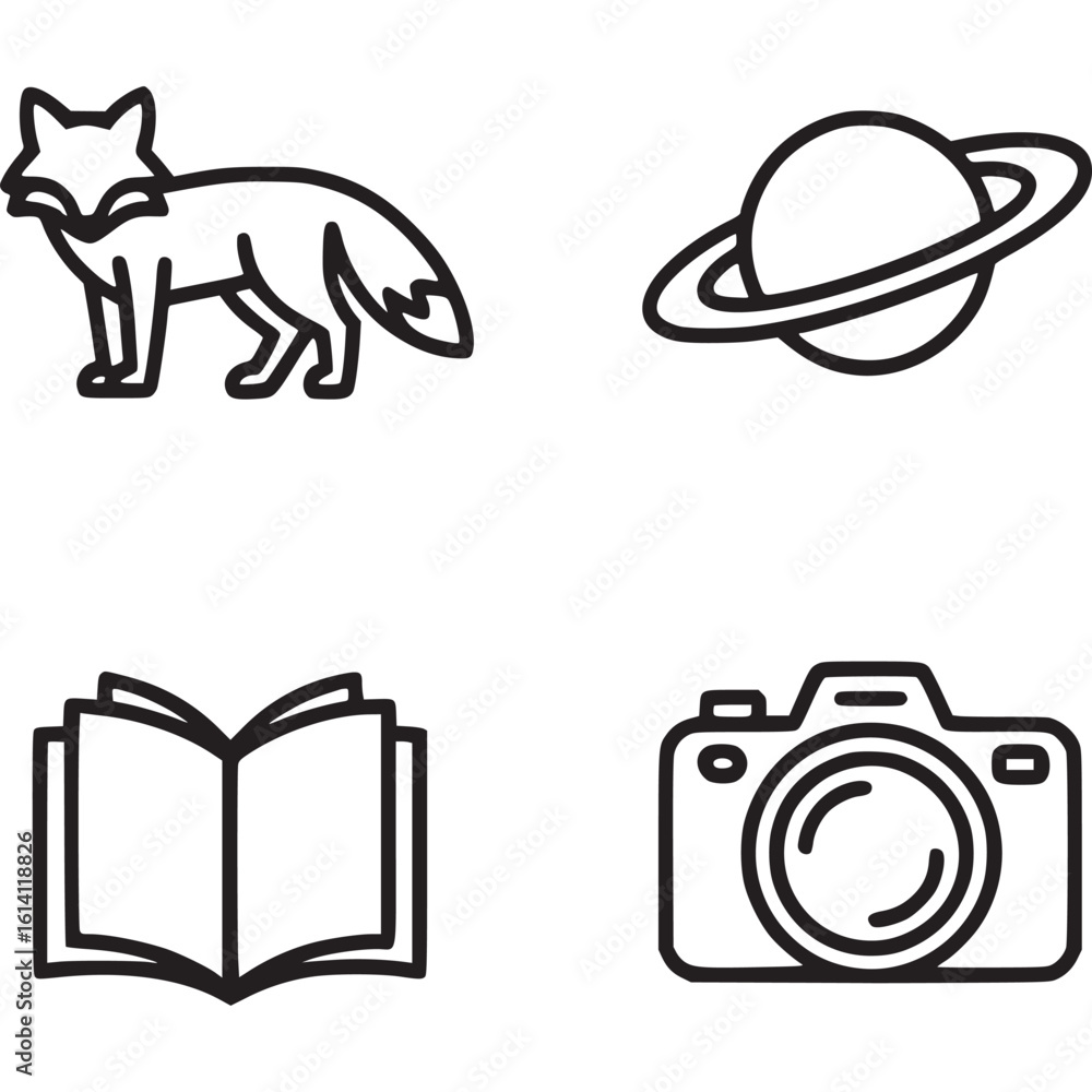 Poster a collection of simple black outline icons including a fox planet book and camera on a gray backgrou