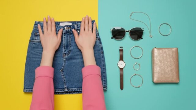 Overhead shot of hands on denim skirt with accessories on a split color background