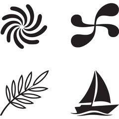 A collection of four black and white icons featuring a swirl, abstract shape, leaf, and sailboat on transparent background