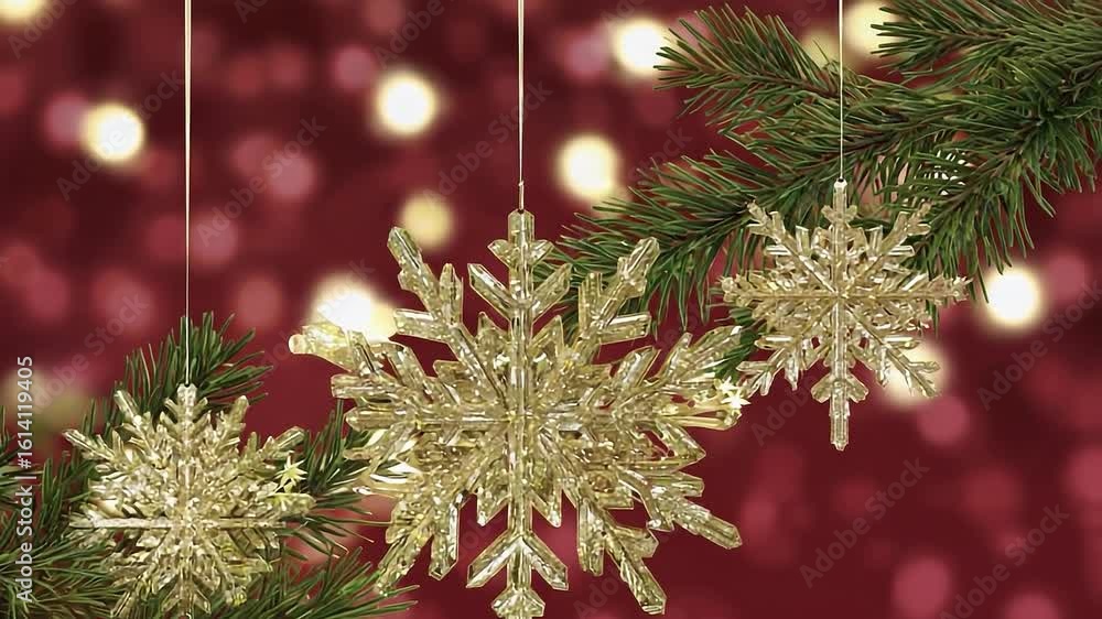 Poster three shiny gold snowflakes are hanging from a tree branch, creating a festive and joyful atmosphere