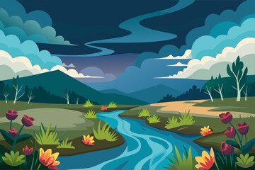 Fototapeta premium River Scene Under Stormy Skies With Flowering Plants