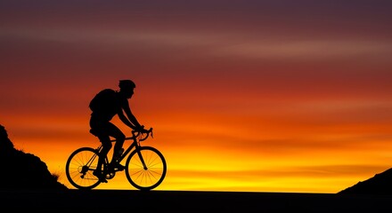 A silhouette of a cyclist on a mountain bike against a vibrant sunset sky, enjoying the freedom of a summer ride