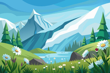 Alpine Meadow Near A Glacier Edge With Icy Flowers