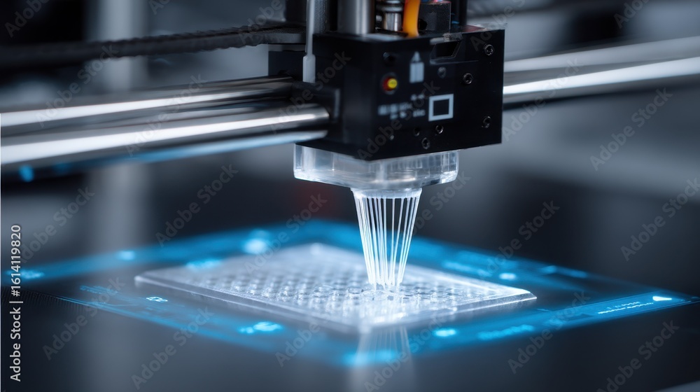 Poster multiple filaments extruding from a 3d printer nozzle. layering fine details in the creation of a li