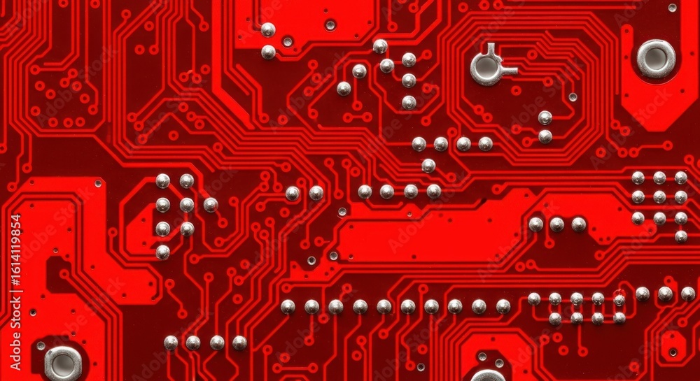 Poster closeup of a red electronic circuit board pattern background
