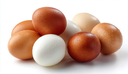 A close up still life of a pile of brown and white hard boiled eggs on a white background