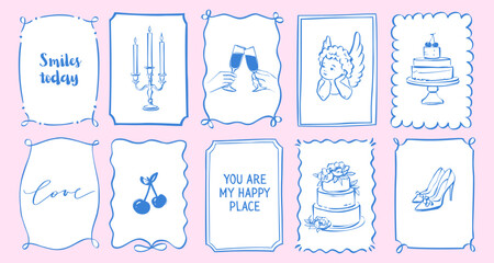 Whimsical Doodle Frames and Borders. Vector Wavy Decorative Frames Set with Hand-Drawn Lines and Coquette Charm