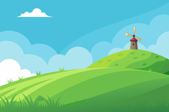 Grassy Hilltop Under A Bright Sky With A Lone Windmill