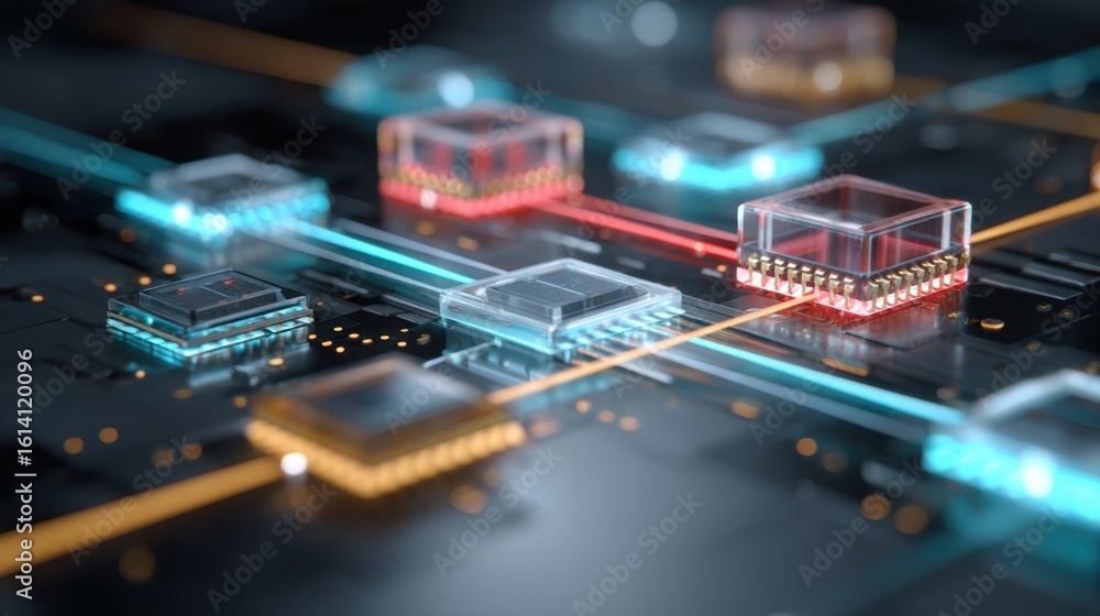 Poster multiple transparent microchips processing data simultaneously on a futuristic circuit board, with g