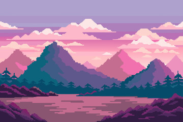 Pixel Style Hillscape With Pastel Tones And Low Resolution