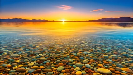 Obraz premium Scenic Sunset Over Clear Lake With Colorful Pebbles Underwater And Mountains In Background Creating Tranquil Nature Landscape View