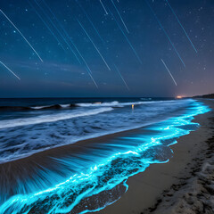 Enchanting  beach with meteor shower at night