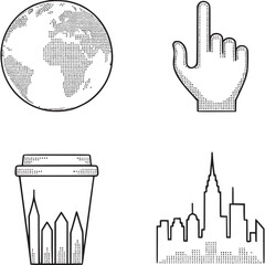 A stylized graphic with a globe, hand cursor, coffee cup and city skyline in black and white on transparent background