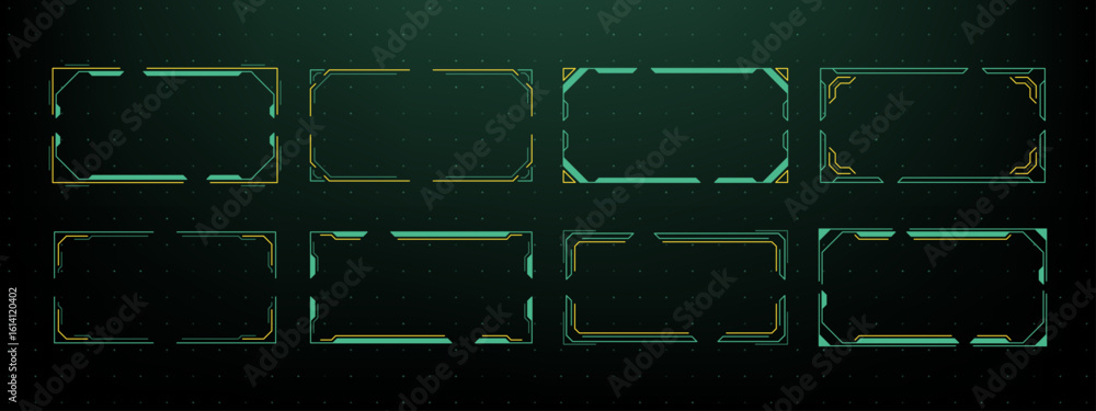 Poster futuristic hud vector graphic frames, retro colors. digital dashboard display, virtual ui, wireframe
