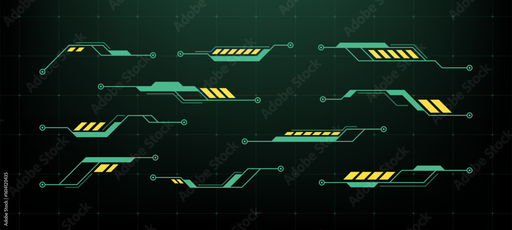 Poster futuristic hud vector graphics elements set in retro colors. heads up display interface for user exp