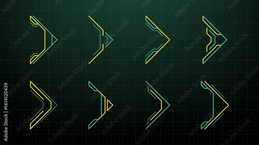 Poster set of abstract right arrows with retro colors. hud vector graphic element. digital user interface d