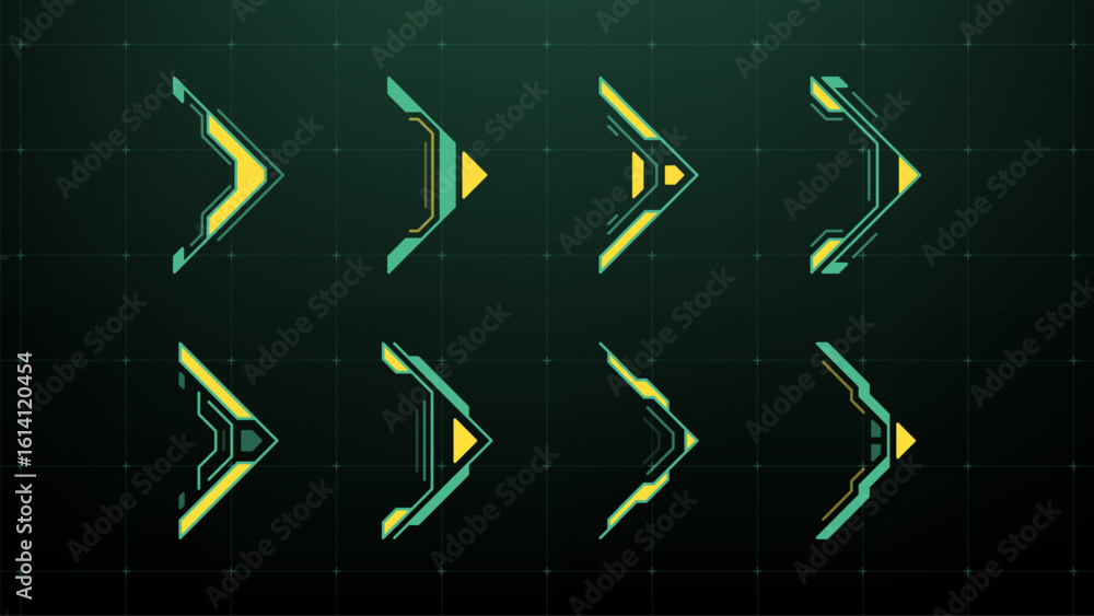 Poster futuristic hud arrow elements in retro colors. graphic interface with digital screen for technology 