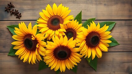 Sunflower arrangement on a rustic wooden surface with warm yellow tones.