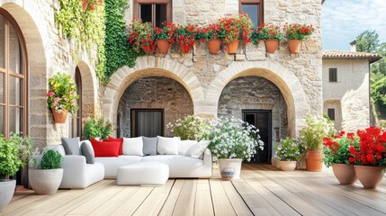 Sunny patio scene with flowers, stone arches, and furniture on a wooden deck