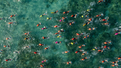 Nadadores en mar cristalino rodeando boya naranja durante competencia de aguas abiertas.