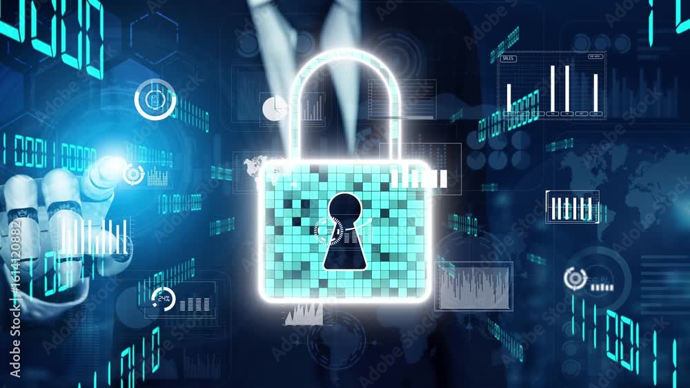 Poster a professional businessman engages with digital security concepts, represented by a lock symbol amid