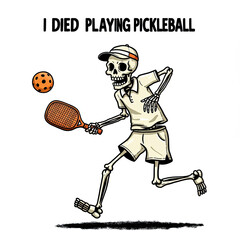 Skeleton playing pickleball and running with paddle and ball  